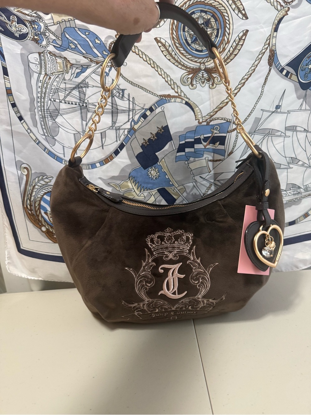 Juicy Couture Brown Velvet Shoulder Bag with Gold Hardware and Heart Charm NWT